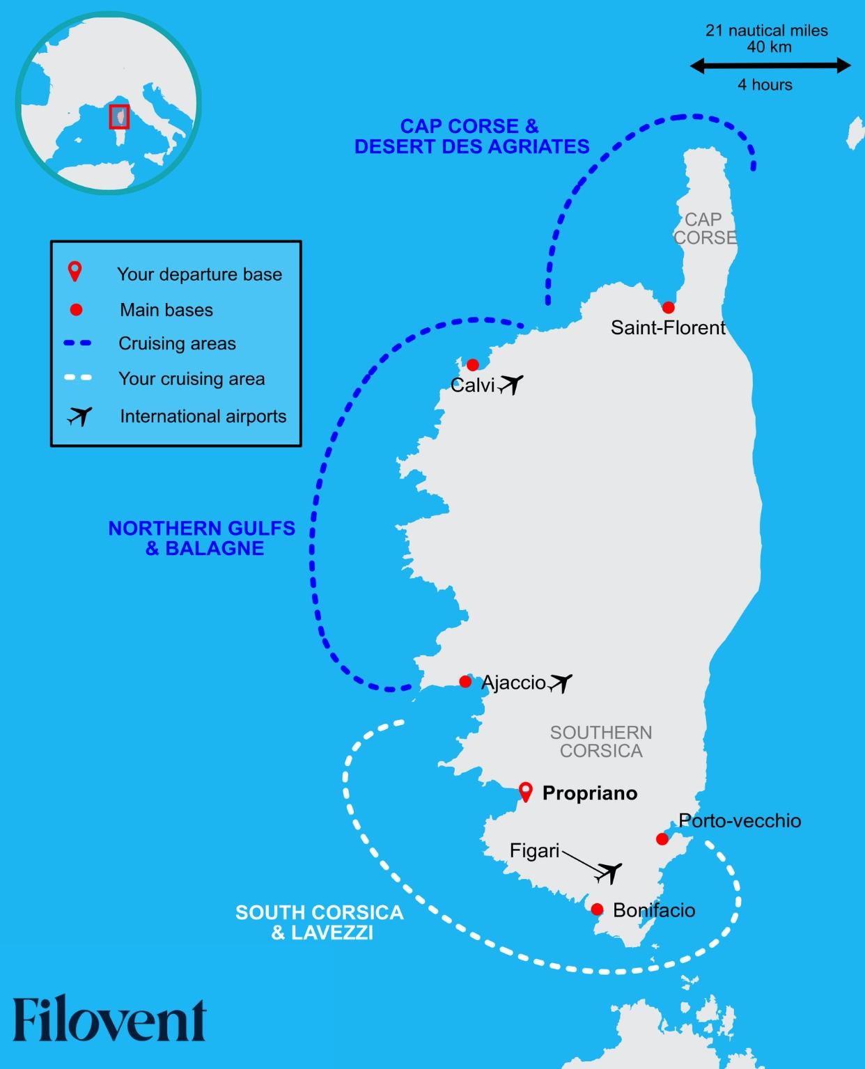 Mappa delle zone di navigazione in catamarano da Propriano: Corsica del Sud, Lavezzi, Capo Corso e Deserto delle Agriates